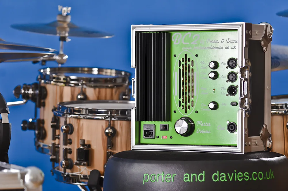 Porter & Davies BC2 rack unit product shot against a drum kit backdrop, brand storytelling photography by Hector's Eye
